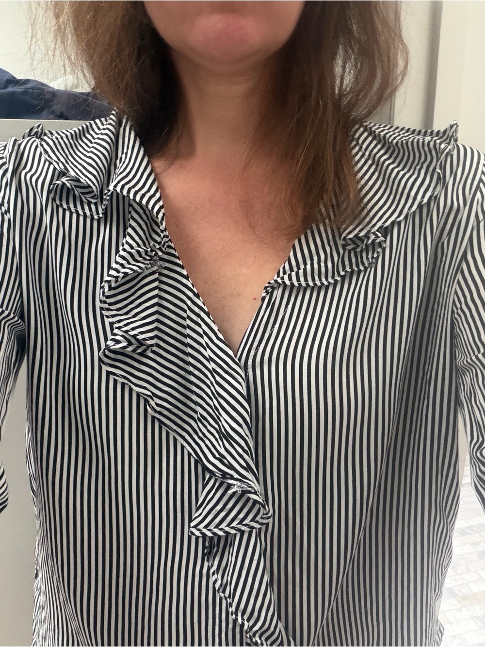 Zara Striped Ruffle V-Neck Women's Blouse - Dark blue & White